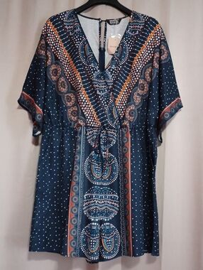 BloomChic Mixed Ornate Print Pockets Romper Plus Size V-Neck Navy Blue Boho New